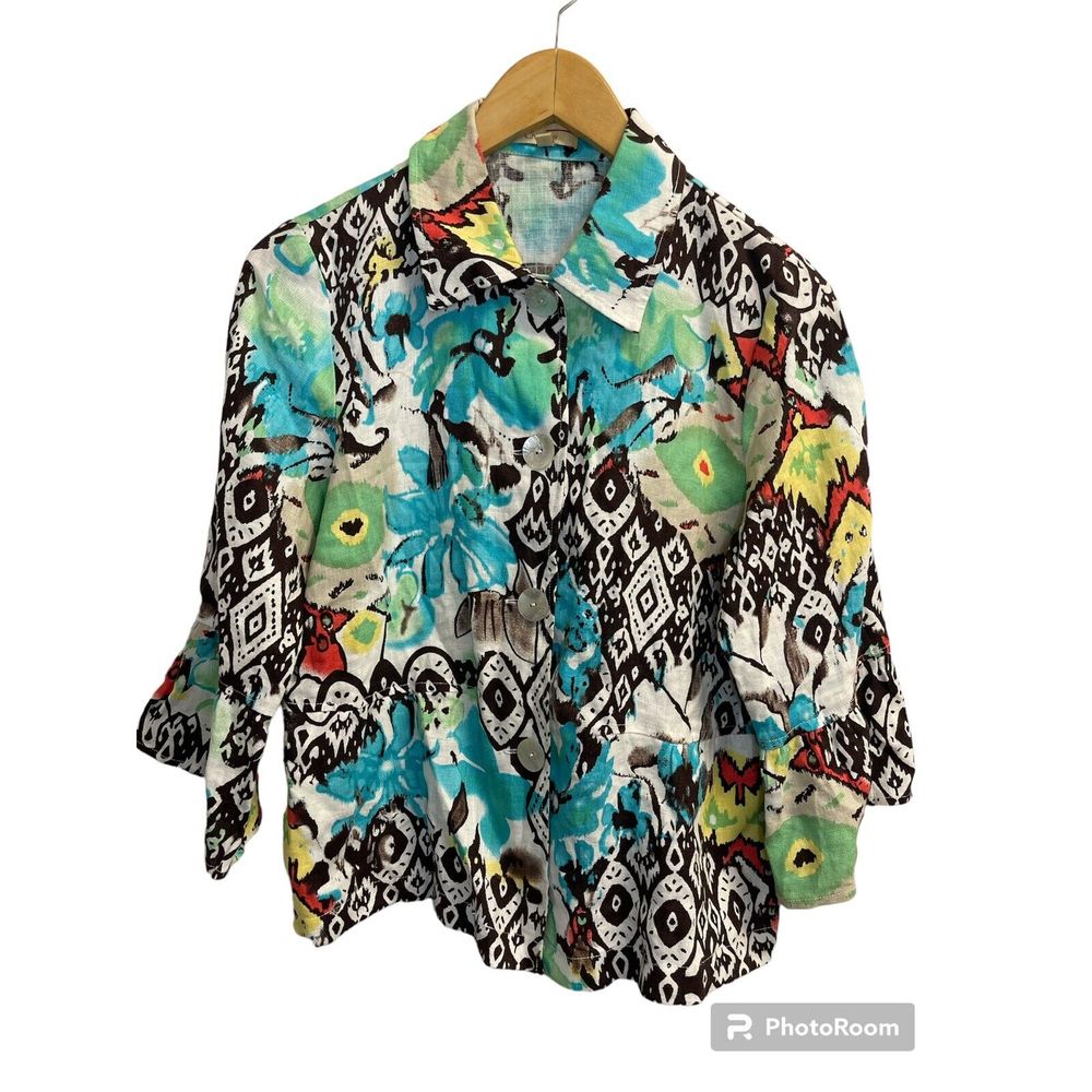 Choices Woman S Linen Shirt Jacket 3/4 Sleeve Coastal Colorful Pearl Buttons